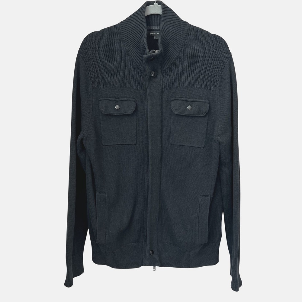 Banana Republic Black Full Zip Mock Neck Sweater Men XL Modern Rib Jacket Preppy